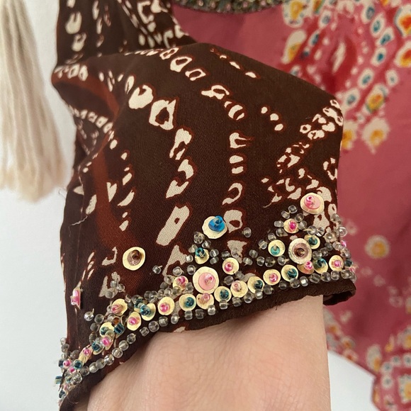 batik boho chiffon silk beaded top bohemian v neck blouse - Picture 2 of 16